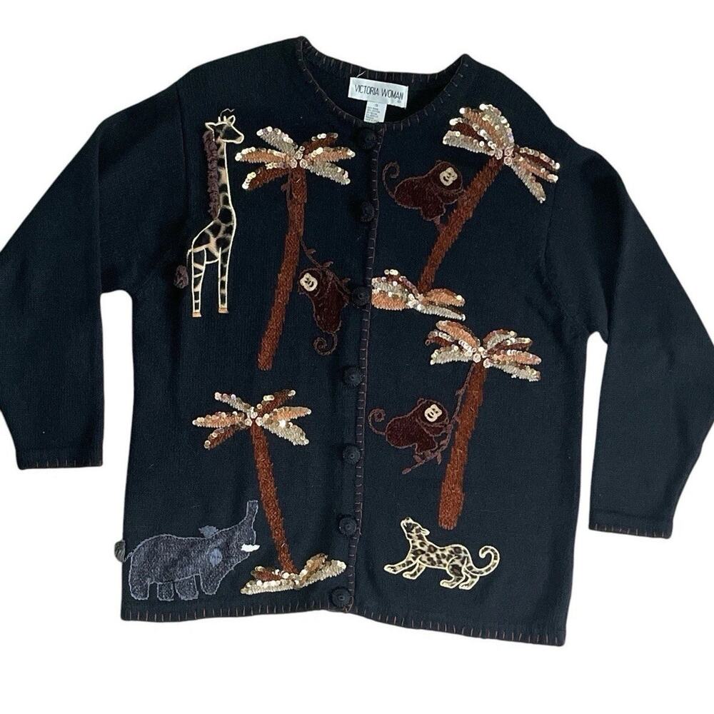 Victoria Woman 1X Embellished Jungle Cardigan Sweater – Sequin Animal Palmtrees